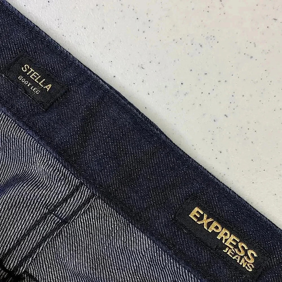 Express New Stella Boot Leg Embellished Denim Blue Waxed Jeans Sequins Size 12 - Picture 12 of 14